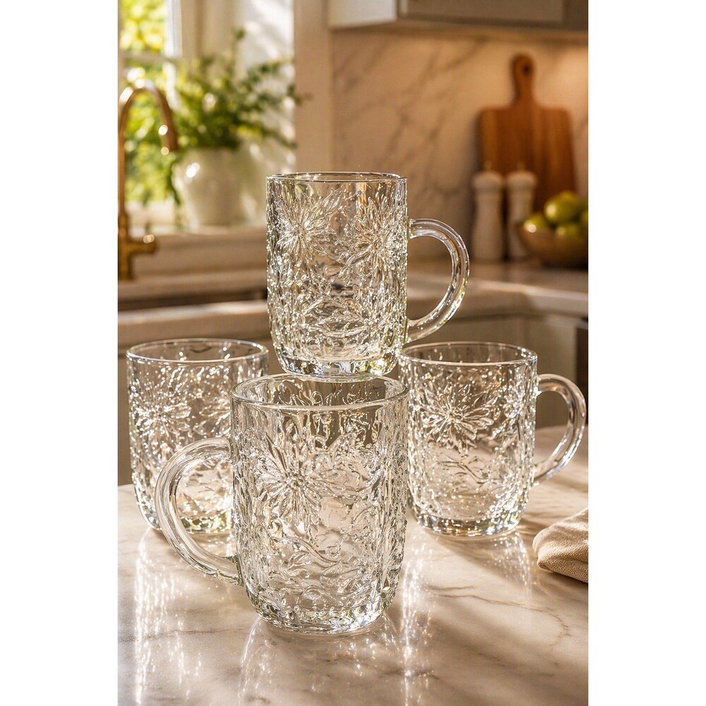 Princess House Fantasia Glass Mugs Clear Poinsettia Pattern - Set of 4